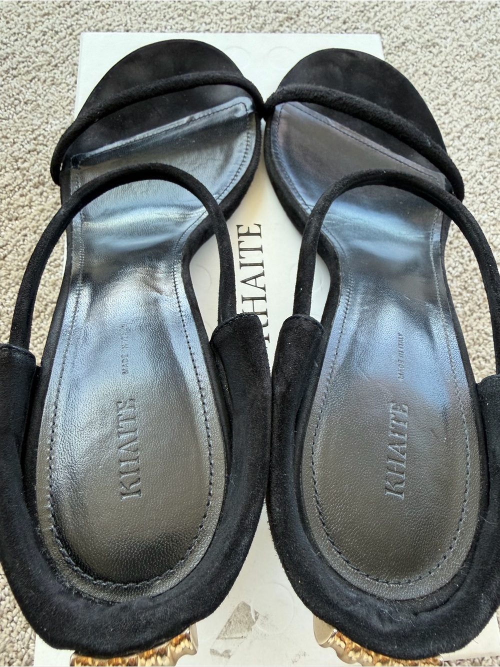 KHAITE Seigel Suede Black Gold Strappy Sandals - Picture 4 of 5